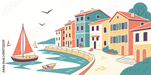 A colorful illustration of a sailboat in a bay with buildings Vector