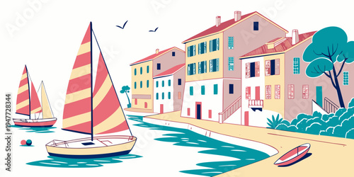 A sailboat on a body of water near a sandy beach and buildings Vector