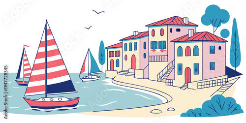 A colorful illustration of a sailboat by a beachside town Vector