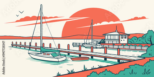 A large boat sits on the water at sunset Vector