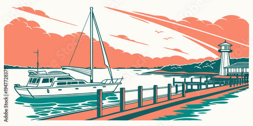 A boat is docked at a pier on a body of water Vector