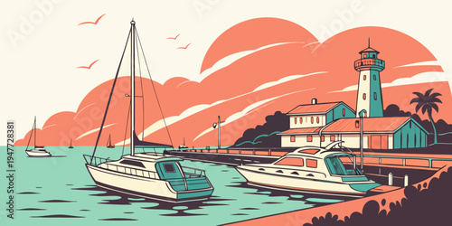 A serene harbor scene with a lighthouse and sailboats Vector