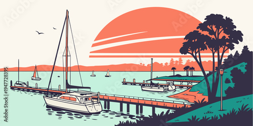 A serene harbor scene at sunset with sailboats and trees Vector