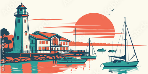 A serene lighthouse by the water with a sailboat Vector