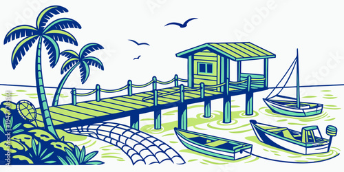 A small dock with a hut and a boat Vector