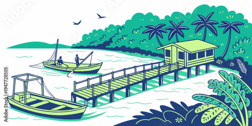 A dock with a boat and a gazebo on the water Vector