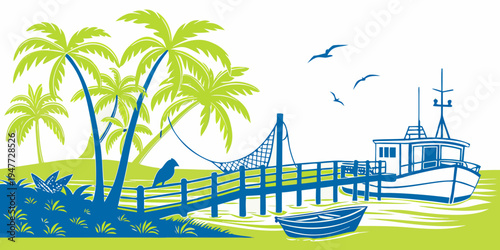 A dock with a hammock and palm trees on a tropical beach Vector