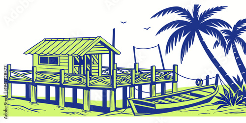 A small house on stilts with a palm tree Vector