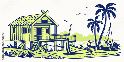 A small house on a tropical island with palm trees Vector