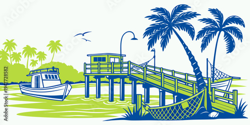 A pier with a boat and palm trees Vector