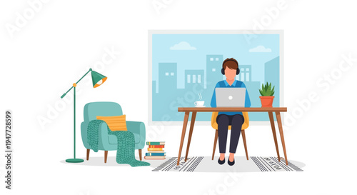 Woman working on laptop at desk with headphones.