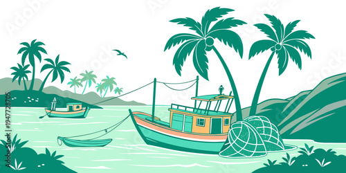 A boat is moored near palm trees on a tropical shore Vector