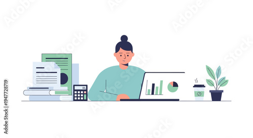 Woman working on laptop with financial charts and documents.