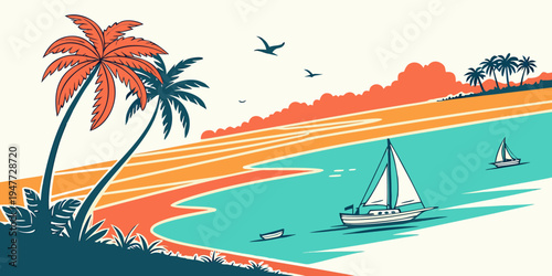 A serene beach scene with a sailboat on the water Vector