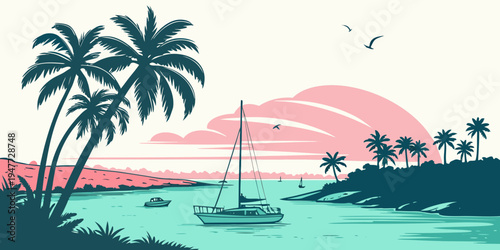 A sailboat on a tropical bay with palm trees Vector