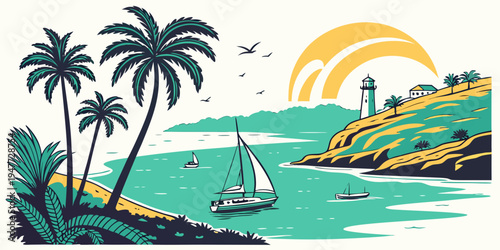 A serene tropical landscape with a sailboat on calm waters Vector