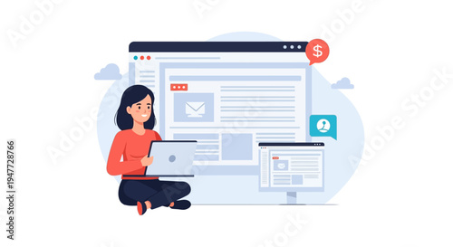 Woman working on laptop with website interface on screen.