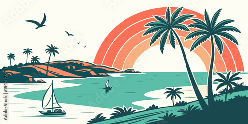 A tropical island scene with palm trees and a sunset Vector