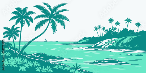 A tropical island with palm trees and turquoise water Vector