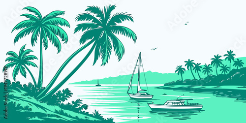 A serene tropical island with palm trees and sailboats Vector