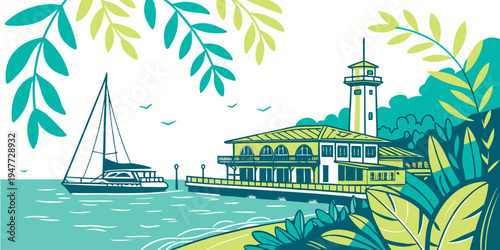 A serene tropical island with a lighthouse and a sailboat Vector