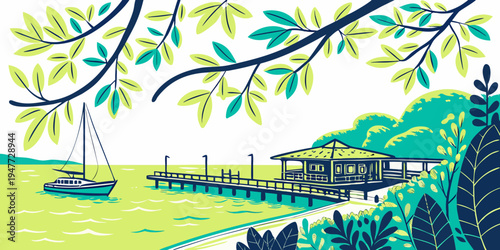 A house on a lake with a tree in the foreground Vector