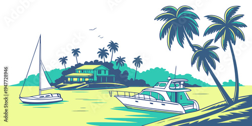 A serene tropical scene with a sailboat and a yacht Vector