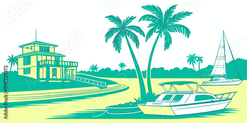 A tropical resort with palm trees and a building Vector