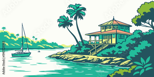 A tropical island with a house and a boat in the water Vector