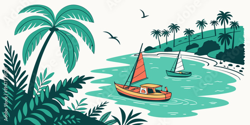 A small sailboat floats on calm tropical waters Vector