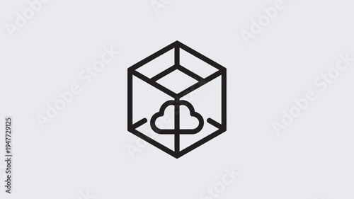 A minimalist logo featuring a cloud inside a geometric cube on a plain background