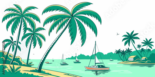 A serene tropical beach with palm trees and sailboats Vector