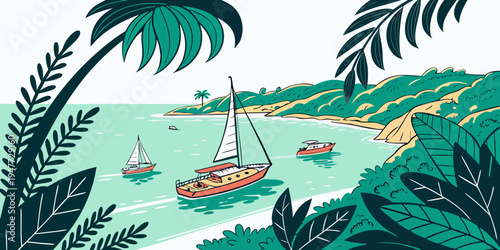 A serene tropical bay with sailboats and palm trees Vector