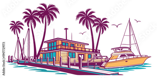 A colorful tropical island with a house and a boat Vector