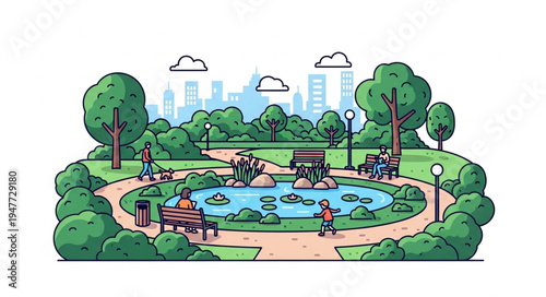 Vibrant city park with pond and people enjoying leisure time.