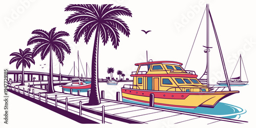 A colorful boat sitting on the water near a dock Vector