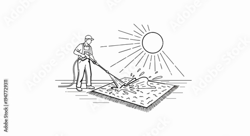 Person pressure washing a rug outdoors under a sunny sky
