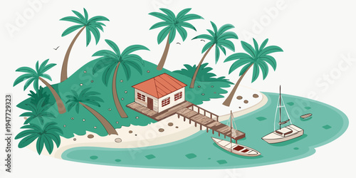 A small island with a house and palm trees Vector