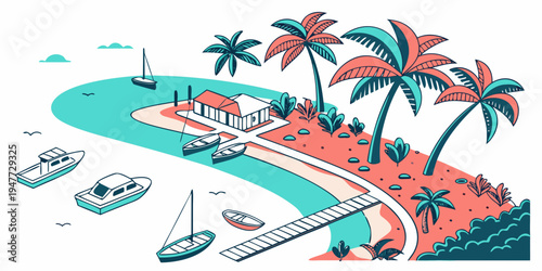 A tropical island with a dock and several boats Vector