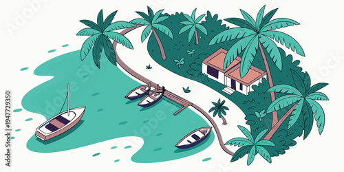 A tropical island with a house and boats Vector