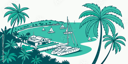 A tropical island with palm trees and a sailboat Vector