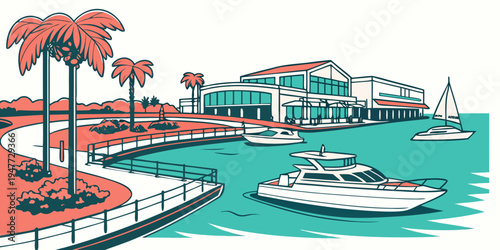 A colorful illustration of a marina with boats and palm trees Vector