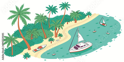 A white sailboat floats on turquoise water near a tropical island Vector