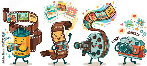 Cute Film Roll and Camera Characters Capturing Memories With Tiny Photos