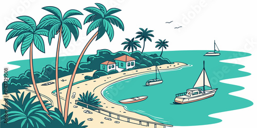 A serene beach scene with palm trees and sailboats Vector