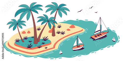 A small island with palm trees and boats in the water Vector