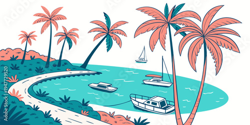 A tropical island with palm trees and boats Vector