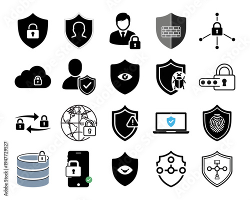 Cybersecurity icon set featuring data protection symbols | digital privacy and network safety shield illustrations | black and blue vector graphic icons