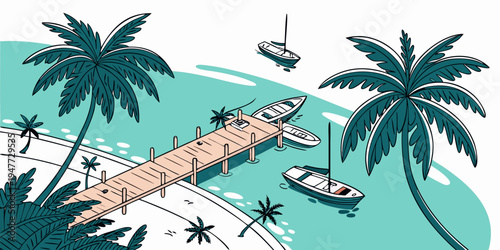A beach with palm trees and boats in the water Vector