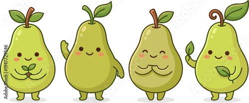 Four Adorable Kawaii Pears With Happy Faces Waving and Holding Leaves